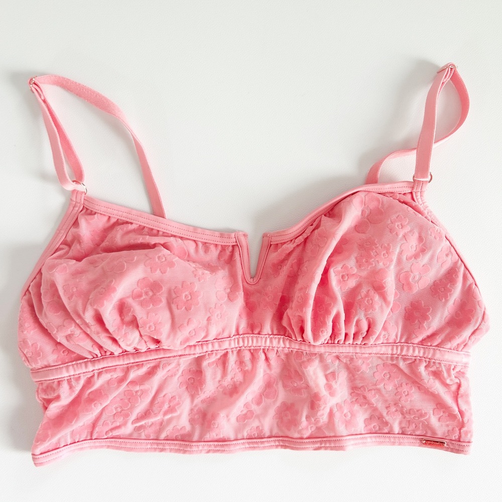 PINK Victorias Secret Womens Coquette Flocked Floral Mesh V-Notch Bralette M‎